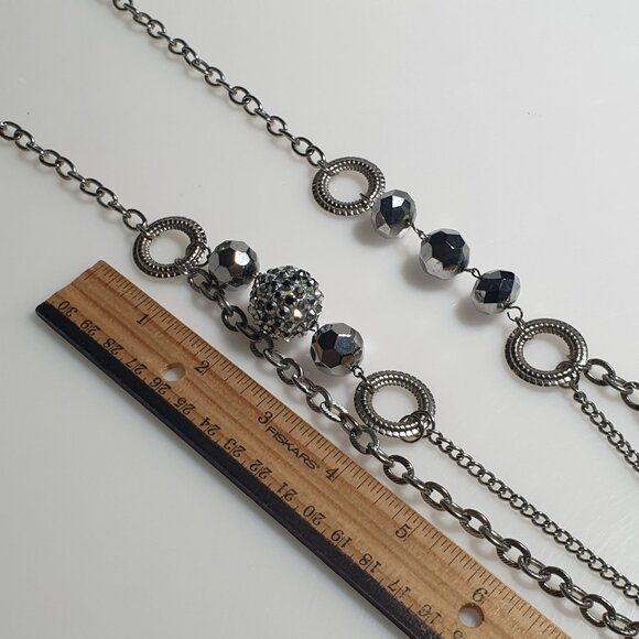 You and I Long Necklace Gunmetal Beaded Rhinestone Loops Layered Chains Jewelry - Picture 4 of 6